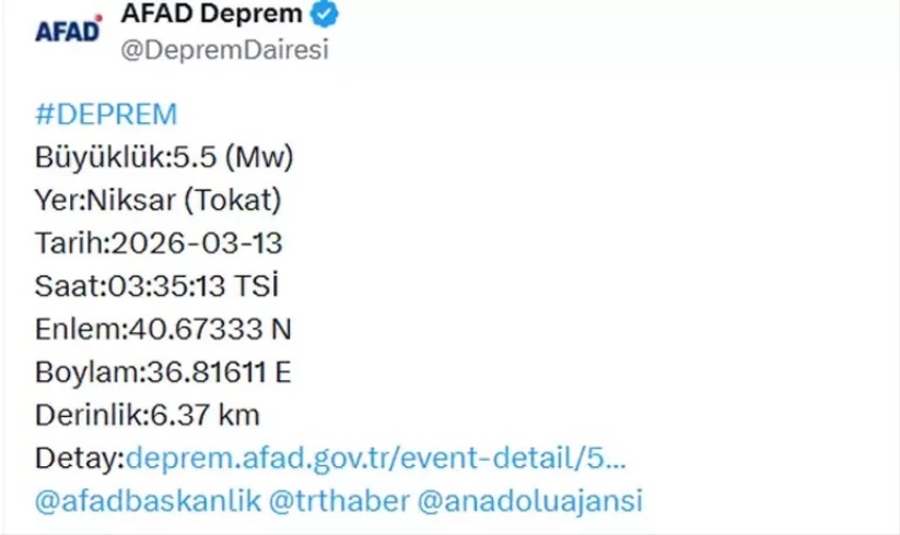 Tokat'ta 5.5 büyüklüğünde deprem oldu