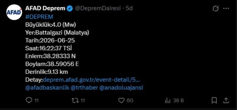 AFAD duyurdu! Malatya'da 4 büyüklüğünde deprem